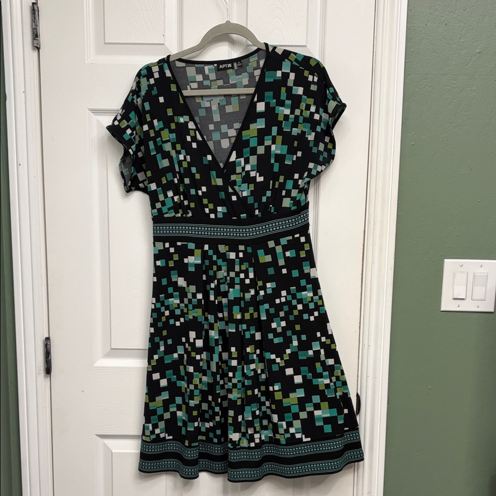 Apt. 9 Black Dress with Green & Teal Square Print